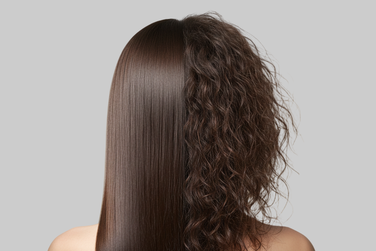 women back with focus on her smooth hair halvside and frizzy on other side